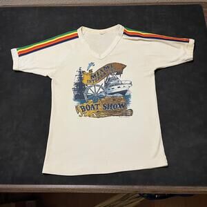 Vintage Miami International Boat Show 70s Shirt Mens Small Rainbow V Neck Raglan